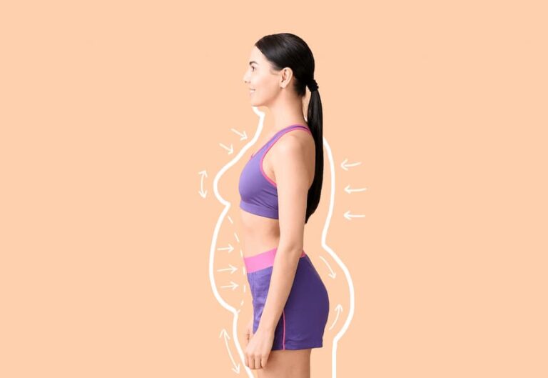 Realities of weight loss surgery - image of a thin woman on a peach colored backdrop, with the drawing outline of a larger body shape around her on the background
