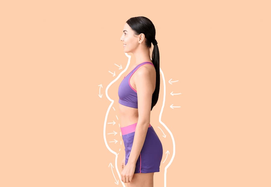 Realities of weight loss surgery - image of a thin woman on a peach colored backdrop, with the drawing outline of a larger body shape around her on the background