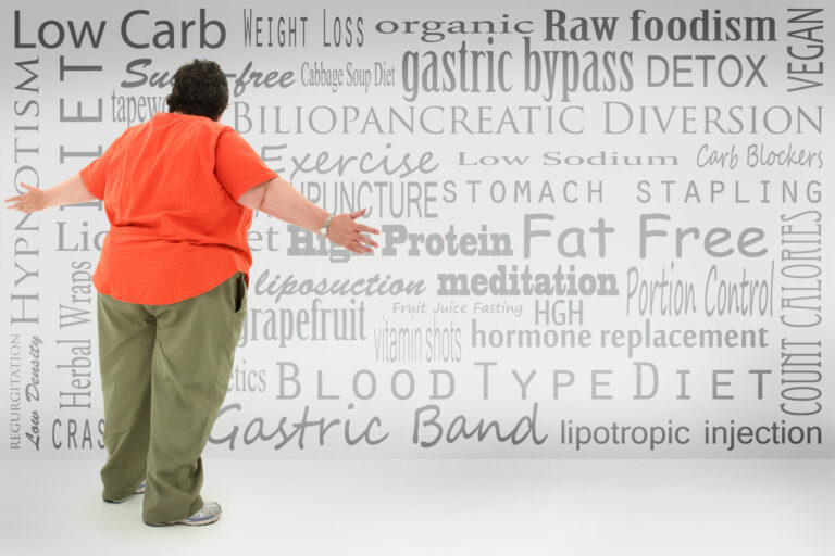 Overwhelmed obese woman looking at list of fad diets and surgical weight loss methods written on wall.